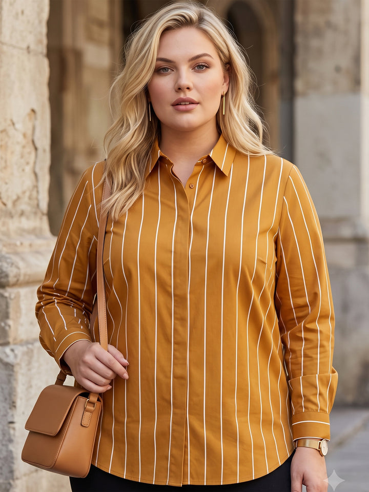 Women Mustard Stripes Pure Cotton Plus Size Formal Shirt