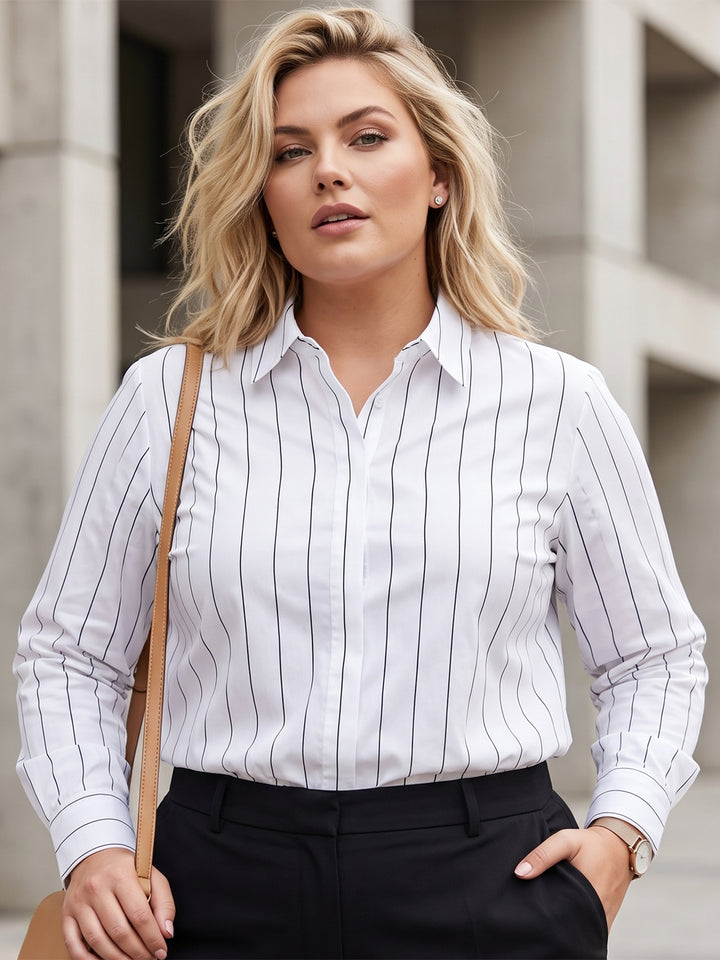 Women White Stripes Pure Cotton Plus Size Formal Shirt