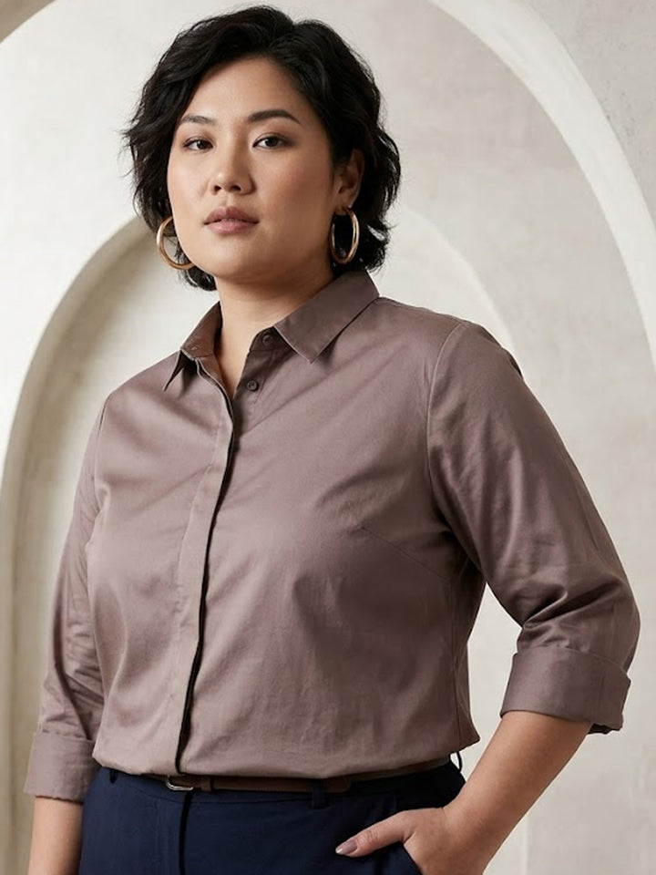 Women Dusty Mauve Solid Pure Cotton Satin Plus Size Formal Shirt