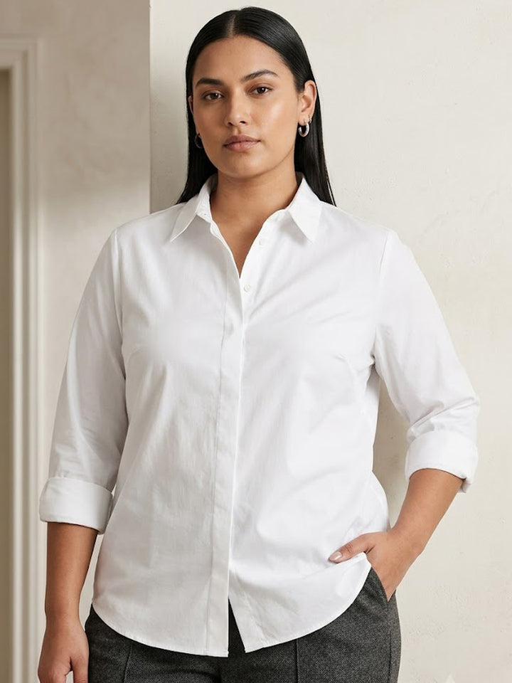 Women White Solid Pure Cotton Plus Size Formal Shirt