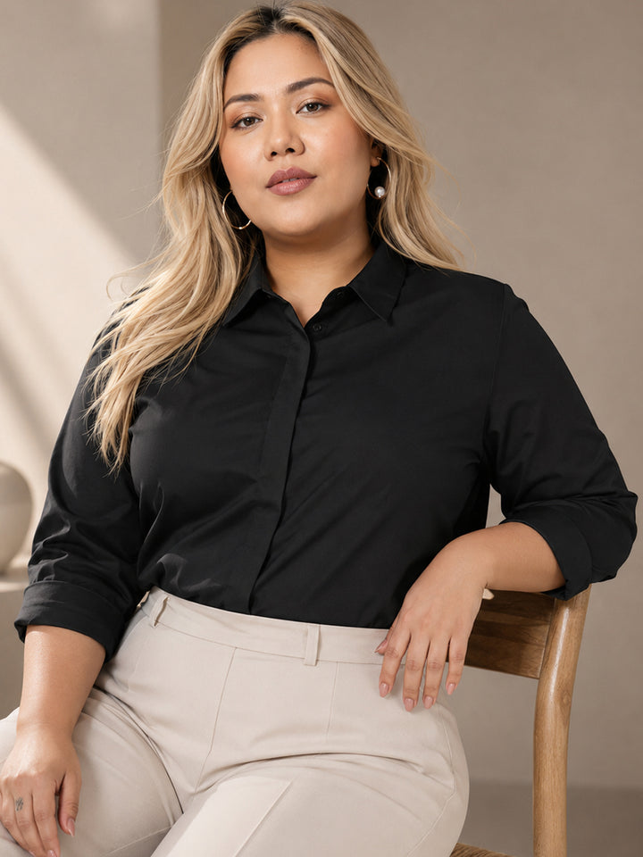 Women Black Solid Pure Cotton Plus Size Formal Shirt
