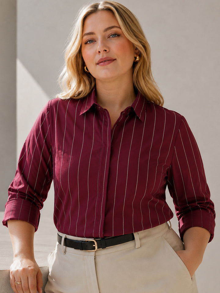 Women Maroon Stripes Pure Cotton Plus Size Formal Shirt