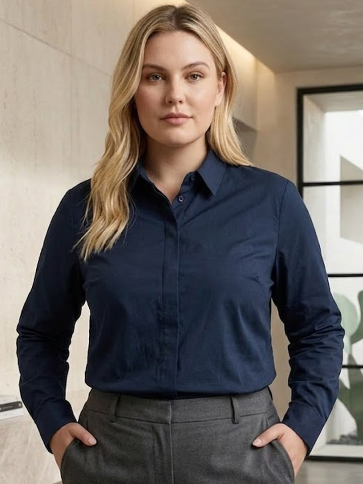 Women Navy Blue Solid Pure Cotton Plus Size Formal Shirt