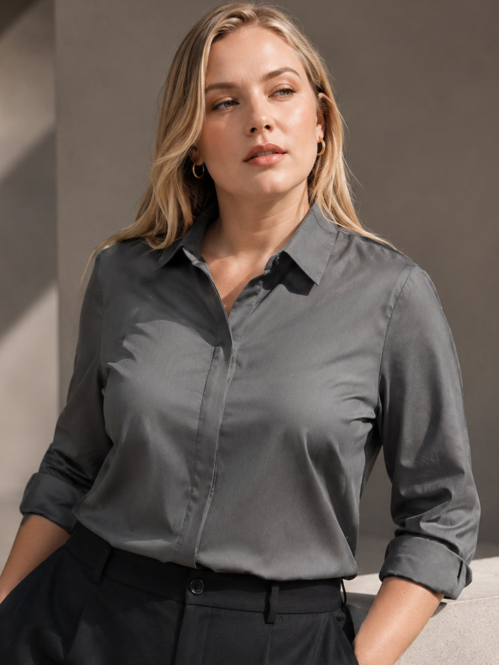 Women Grey Solid Pure Cotton Plus Size Formal Shirt