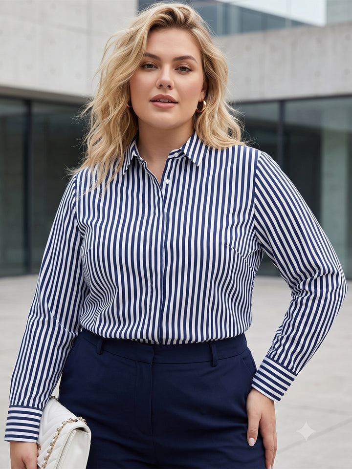 Women White & Navy Blue Nautical Stripes Pure Cotton Plus Size Formal Shirt