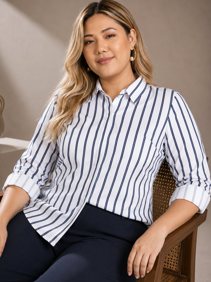 Women White & Navy Blue Nautical Stripes Pure Cotton Plus Size Formal Shirt