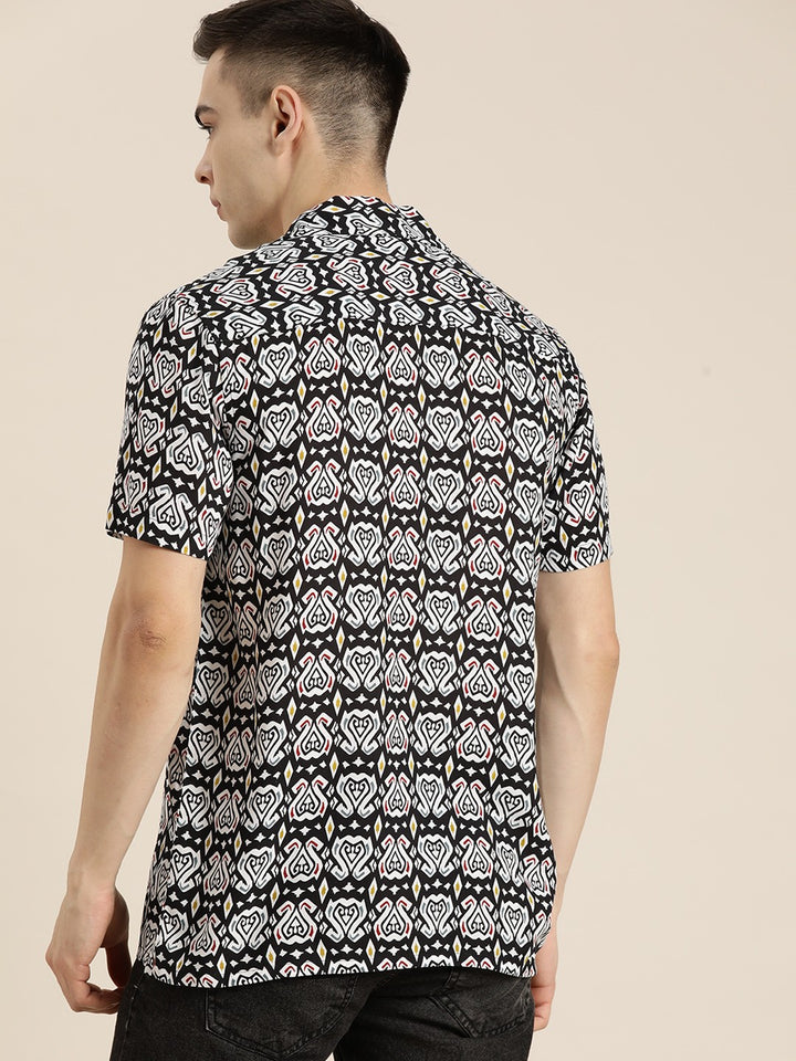 Men Black Printed Viscose Rayon Regular Fit Casual Shirt