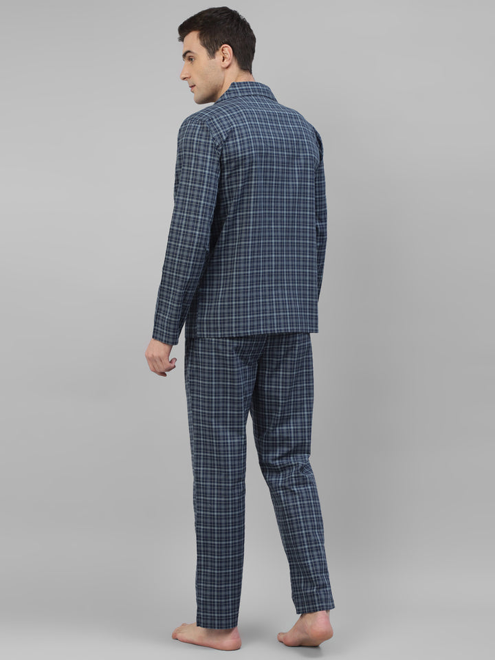 Men Navy Blue Checked Pure Cotton Relaxed Fit Night Suit
