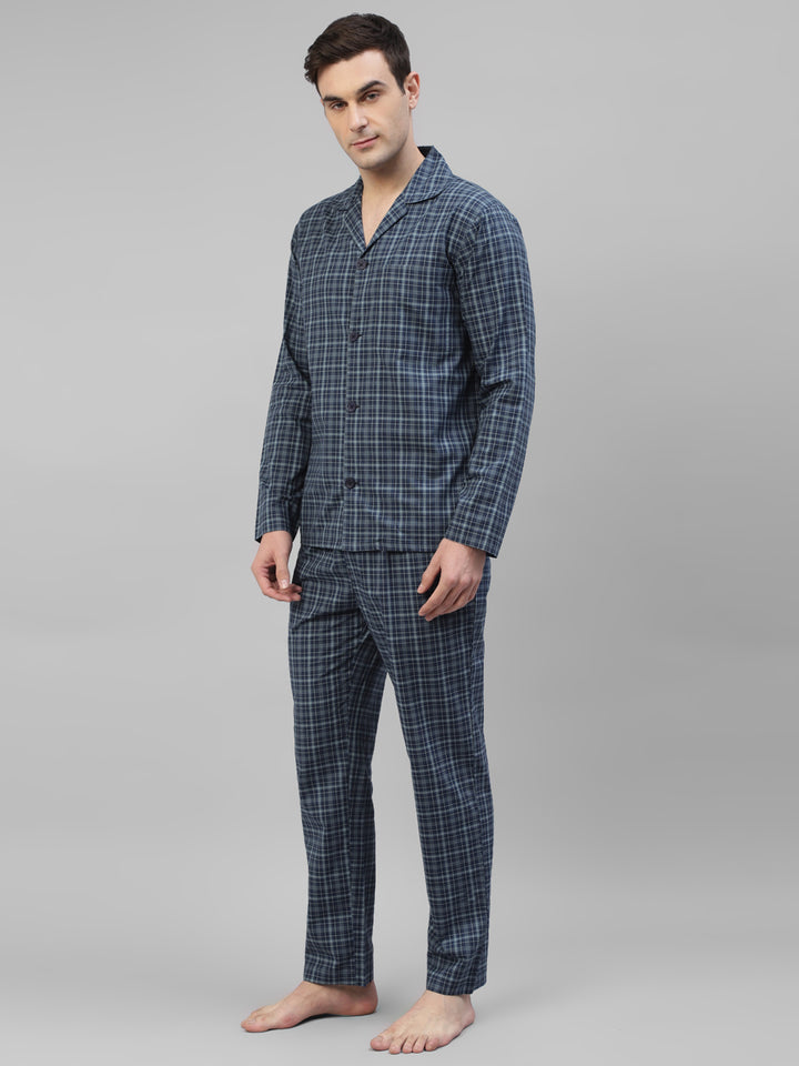 Men Navy Blue Checked Pure Cotton Relaxed Fit Night Suit