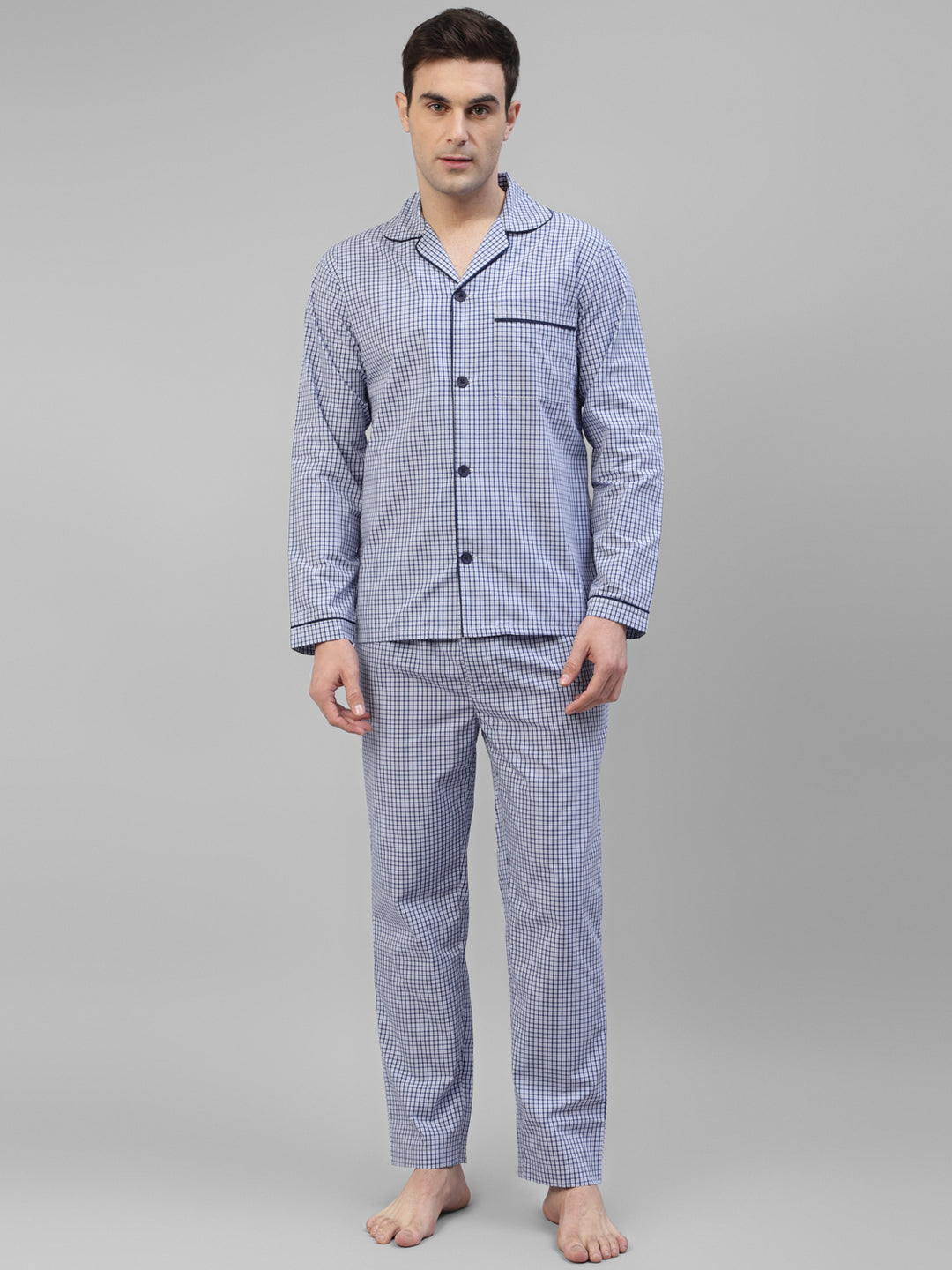 Men White & Blue Checked Pure Cotton Relaxed Fit Night Suit