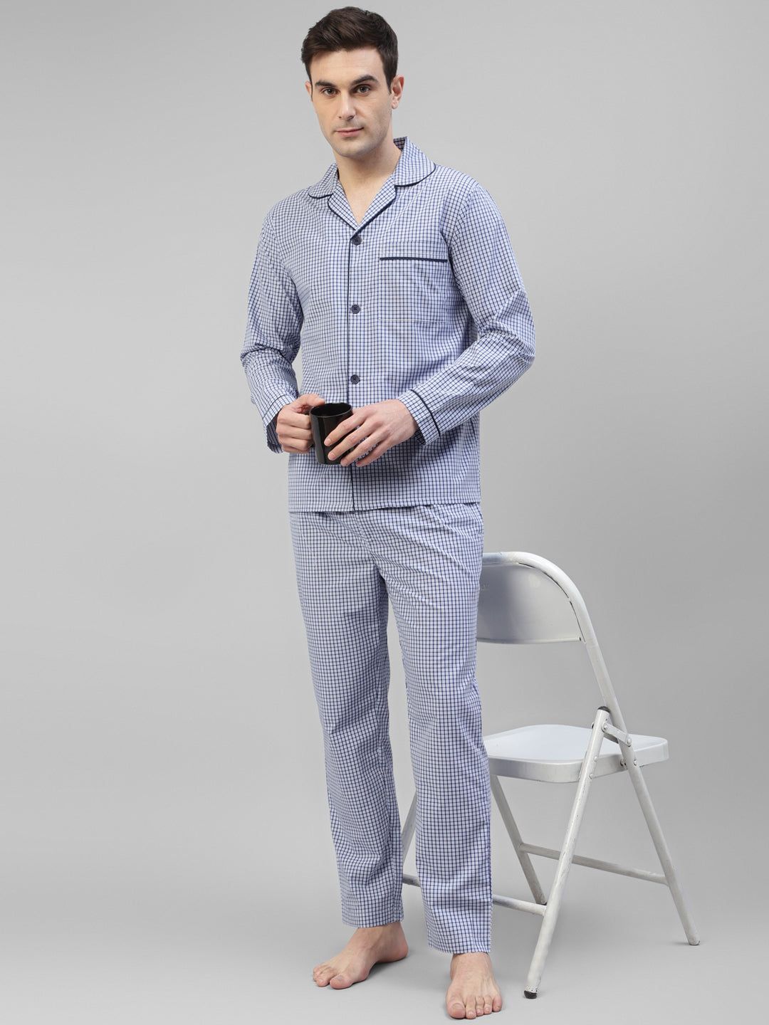 Men White & Blue Checked Pure Cotton Relaxed Fit Night Suit