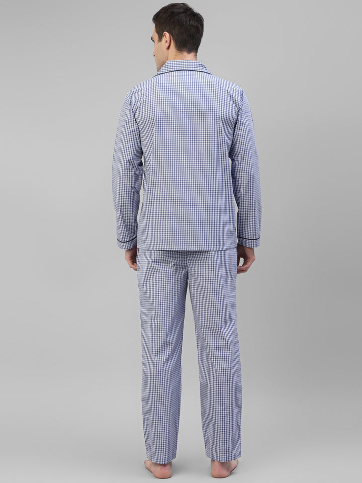 Men White & Blue Checked Pure Cotton Relaxed Fit Night Suit