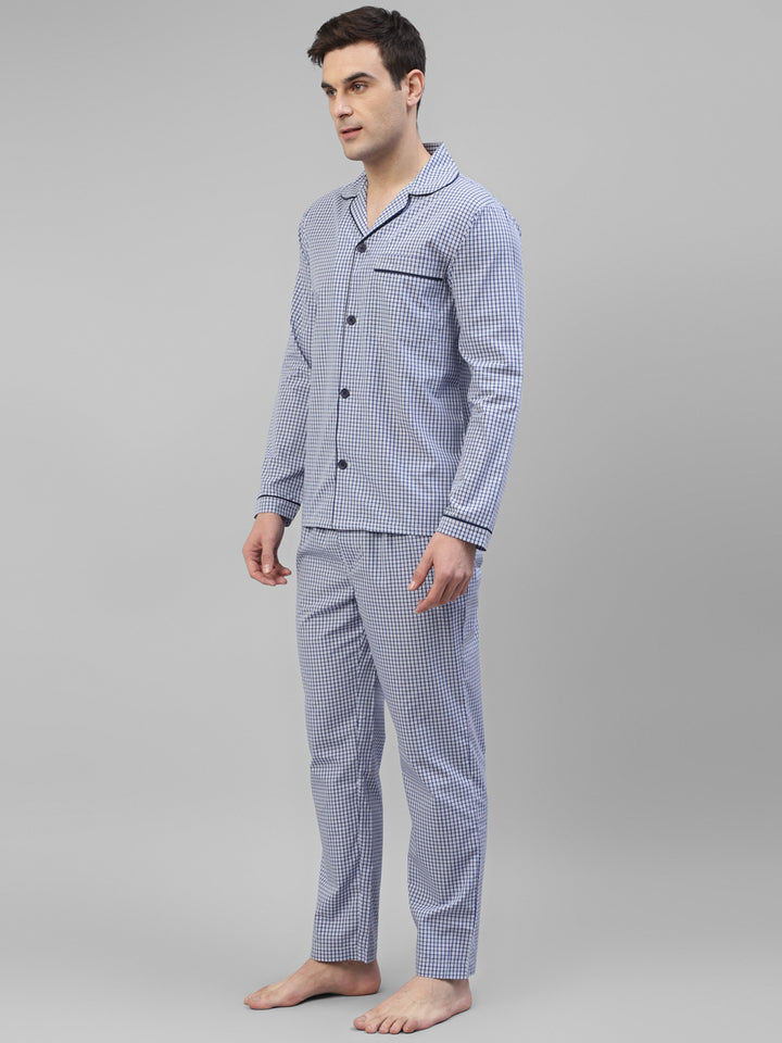 Men White & Blue Checked Pure Cotton Relaxed Fit Night Suit