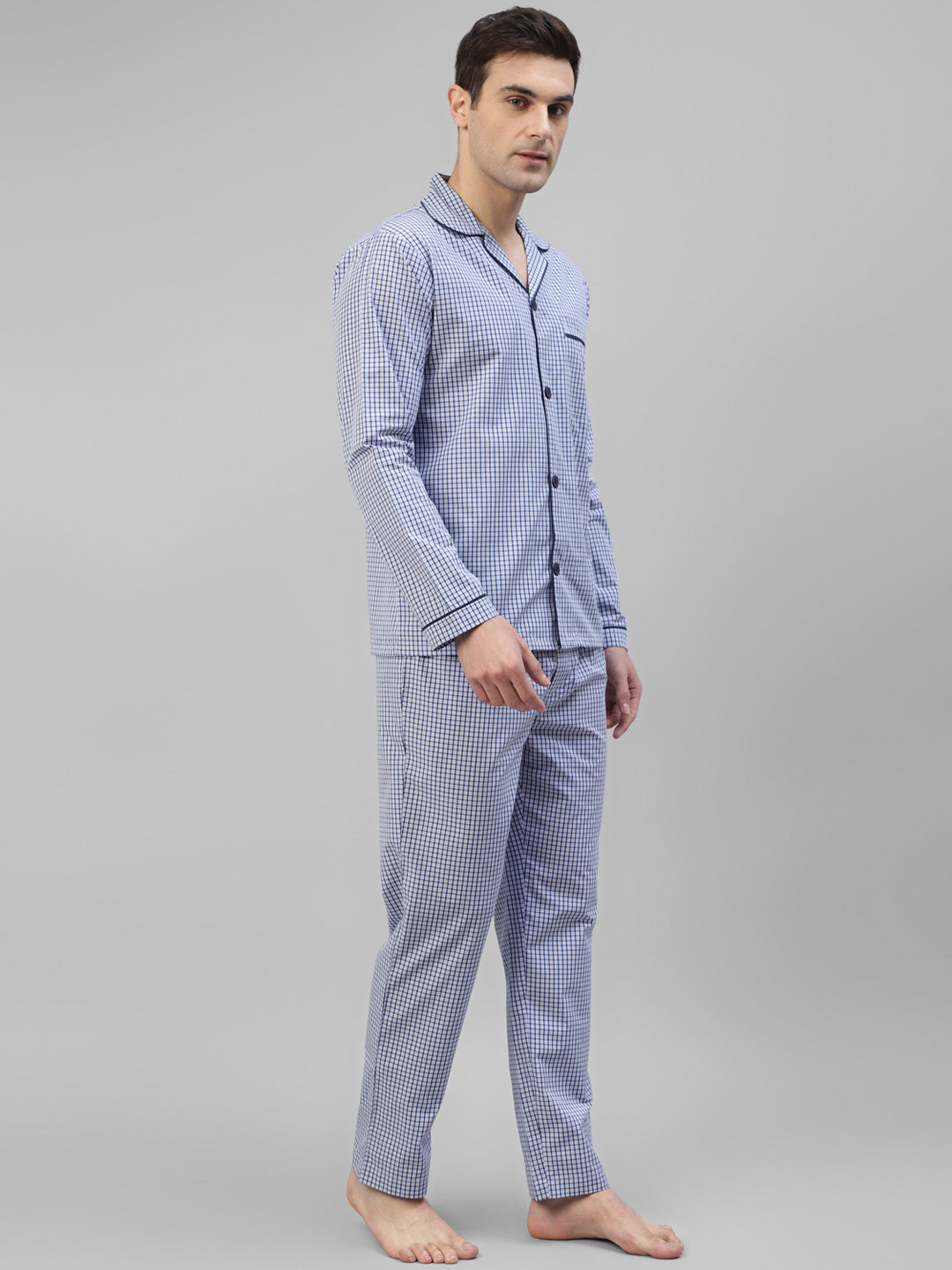 Men White & Blue Checked Pure Cotton Relaxed Fit Night Suit