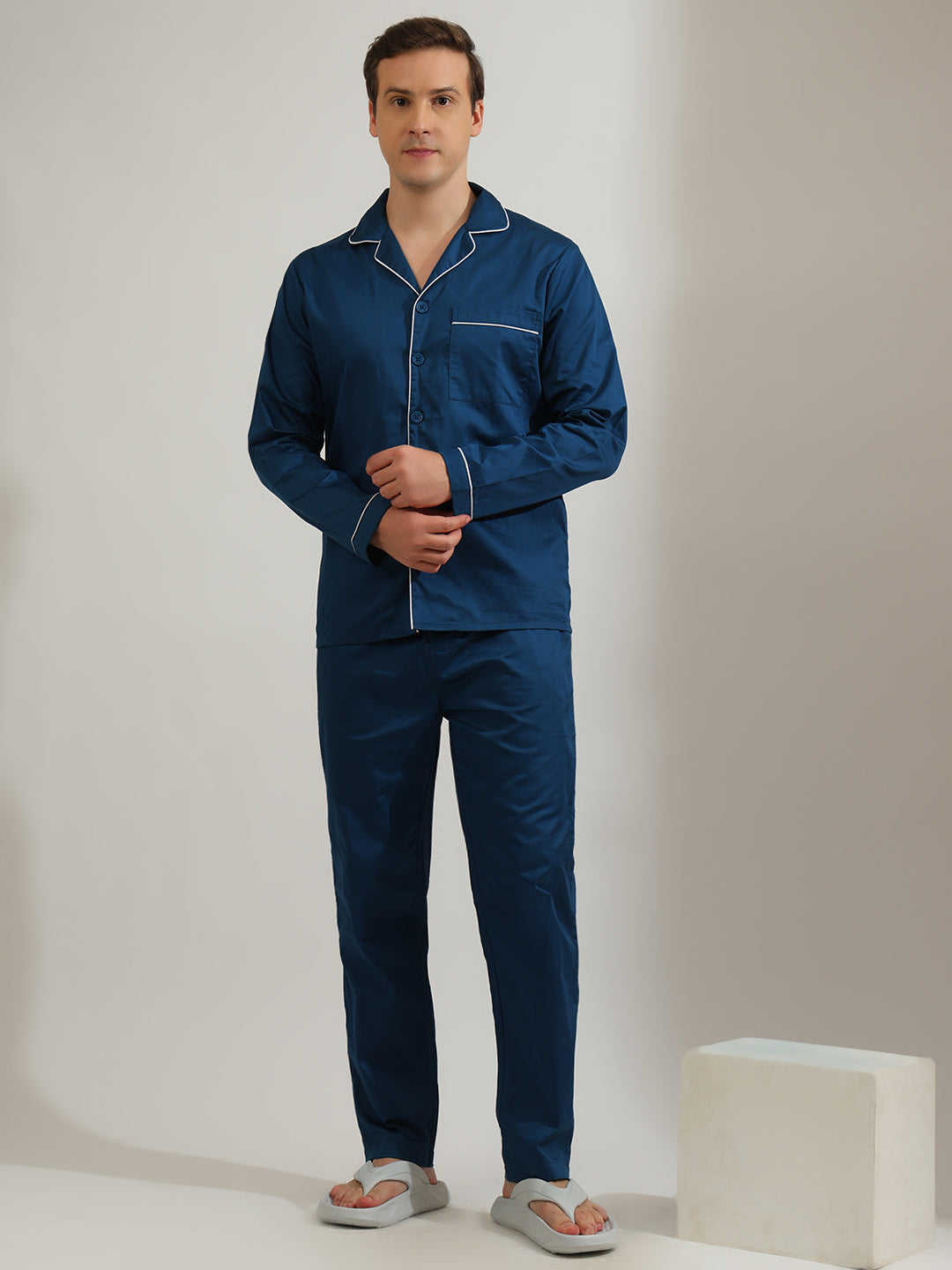 Hancock   Men   Turquoise Blue   Solids   Pure Cotton   Relaxed Fit   Night Wear   Night Suit