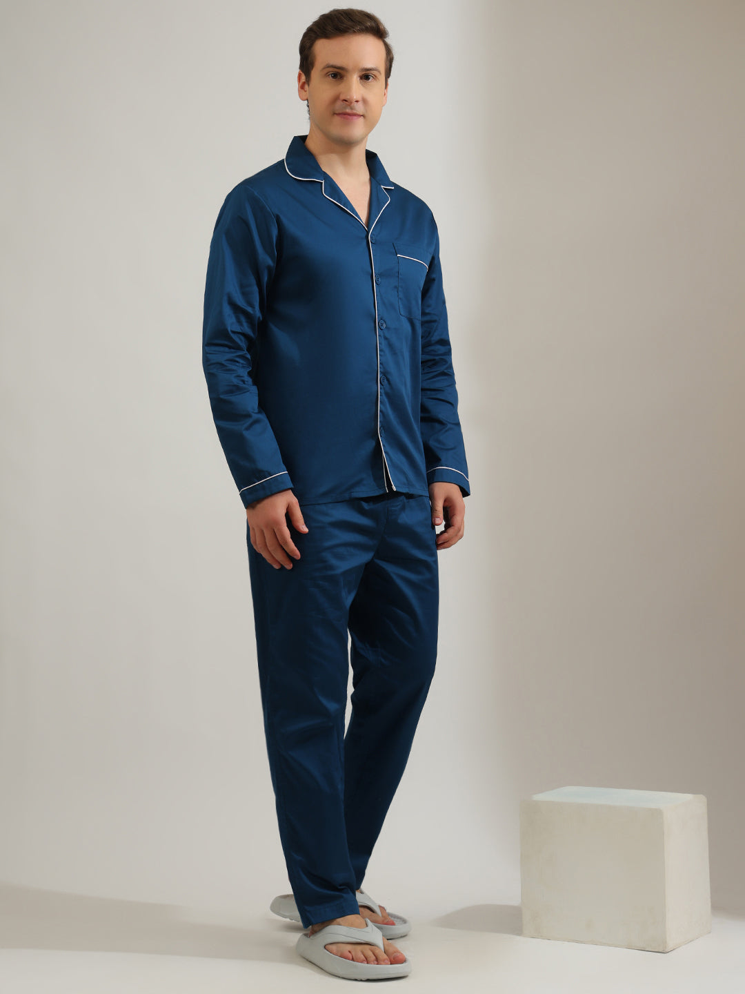 Hancock   Men   Turquoise Blue   Solids   Pure Cotton   Relaxed Fit   Night Wear   Night Suit