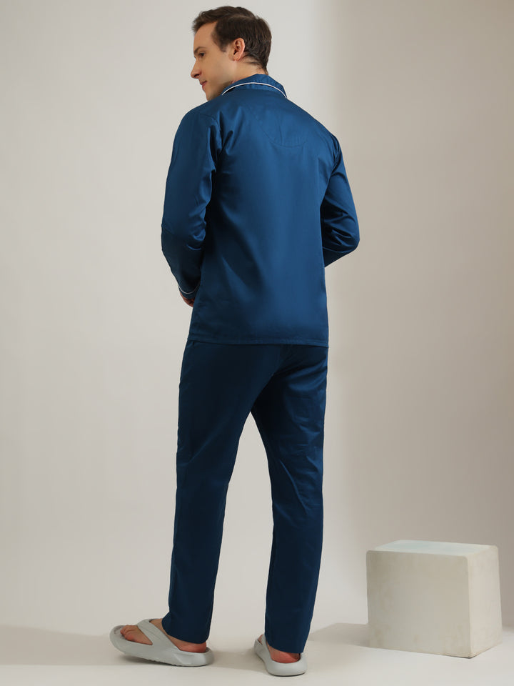 Hancock   Men   Turquoise Blue   Solids   Pure Cotton   Relaxed Fit   Night Wear   Night Suit