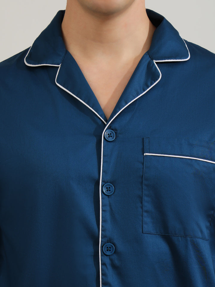 Hancock   Men   Turquoise Blue   Solids   Pure Cotton   Relaxed Fit   Night Wear   Night Suit