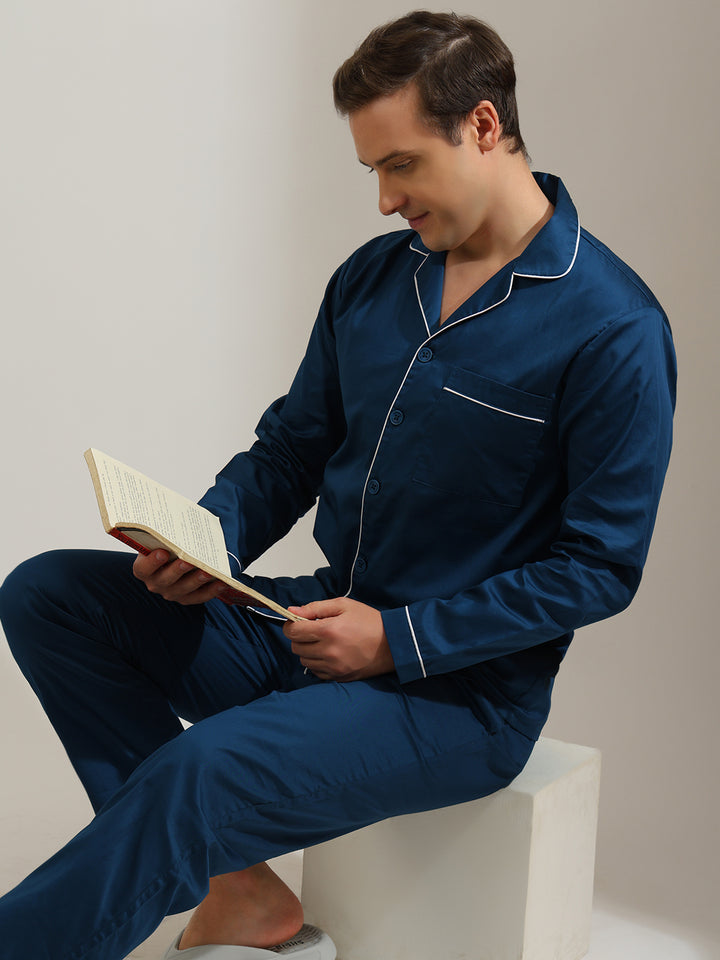 Hancock   Men   Turquoise Blue   Solids   Pure Cotton   Relaxed Fit   Night Wear   Night Suit