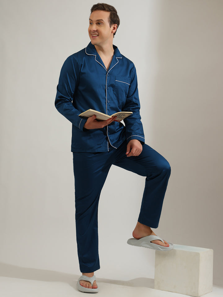 Hancock   Men   Turquoise Blue   Solids   Pure Cotton   Relaxed Fit   Night Wear   Night Suit