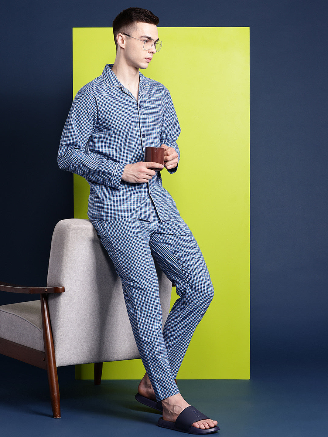 Hancock Men Blue Checked Pure Cotton Relaxed Fit Casual Night Suit
