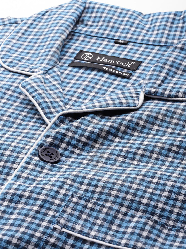 Hancock Men Blue Checked Pure Cotton Relaxed Fit Casual Night Suit