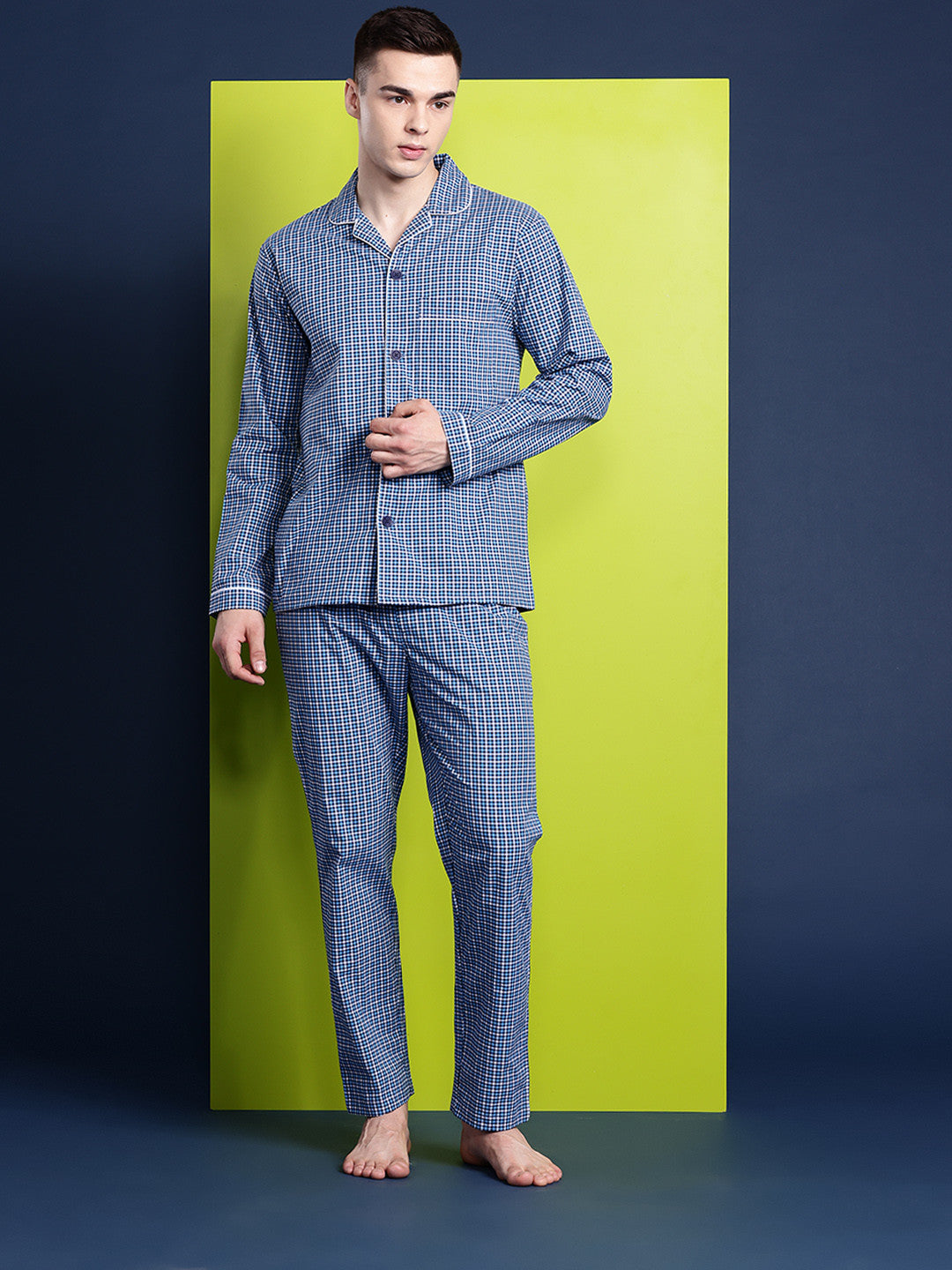 Hancock Men Blue Checked Pure Cotton Relaxed Fit Casual Night Suit