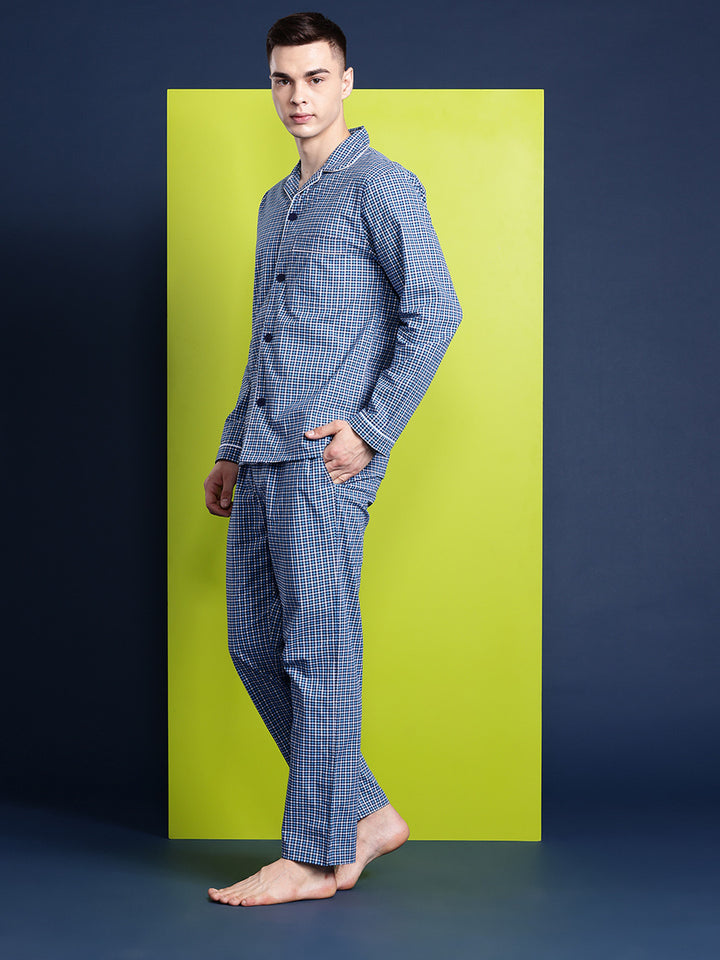 Hancock Men Blue Checked Pure Cotton Relaxed Fit Casual Night Suit