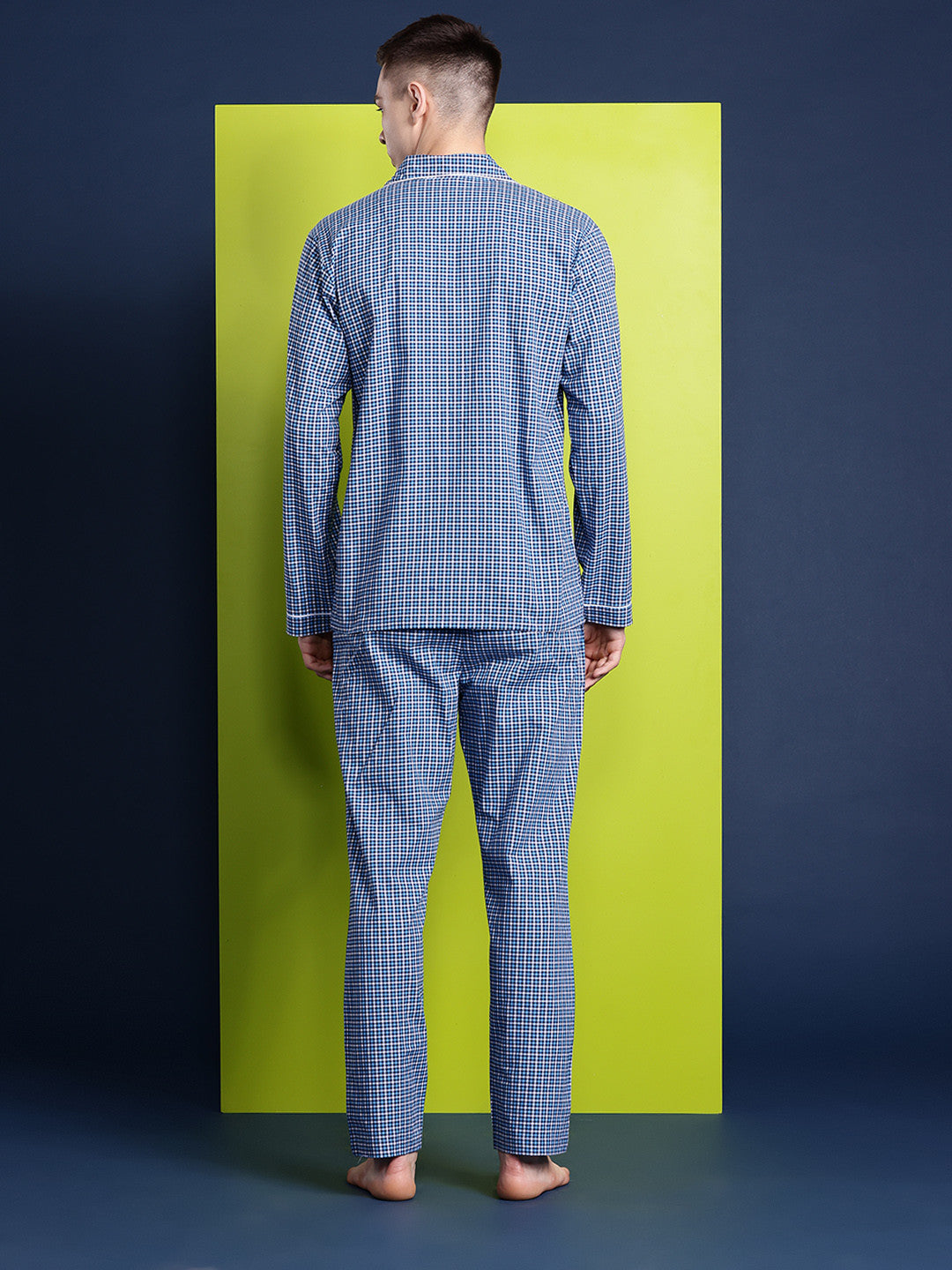 Hancock Men Blue Checked Pure Cotton Relaxed Fit Casual Night Suit