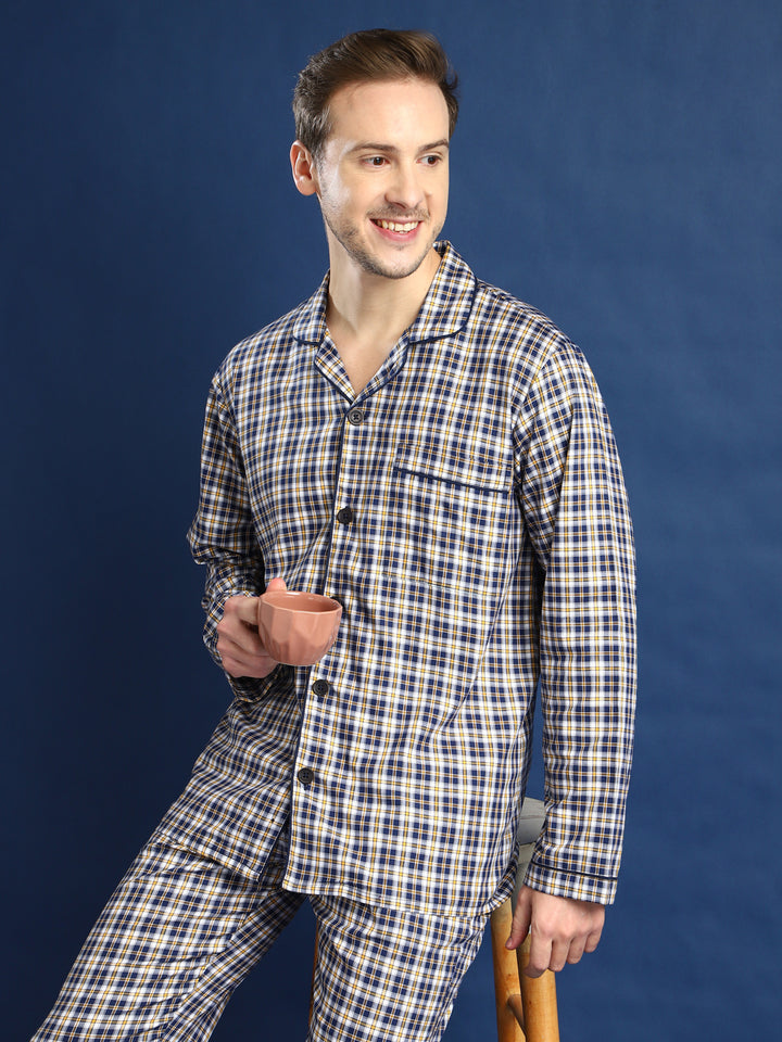 Men Navy Blue & White Checked Cotton Relaxed Fit Night Suit