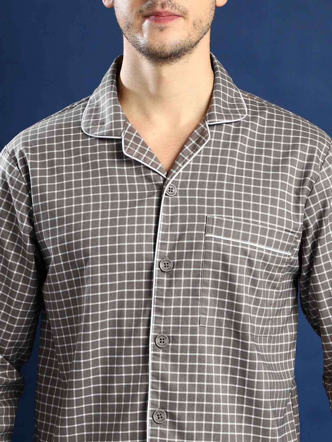 Men Grey & White Checked Cotton Relaxed Fit Night Suit