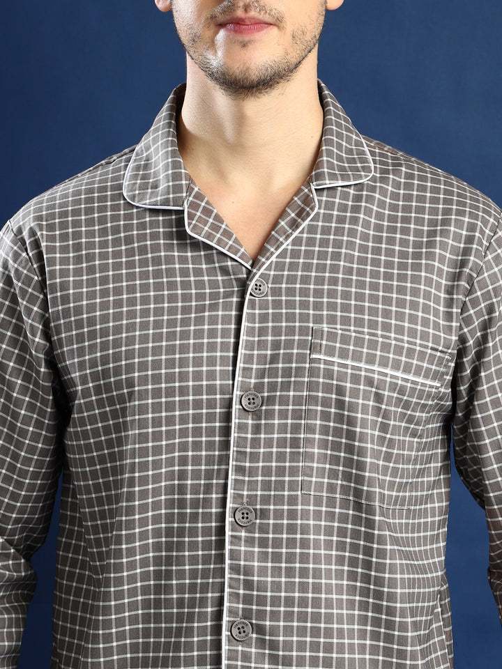 Men Grey & White Checked Cotton Relaxed Fit Night Suit