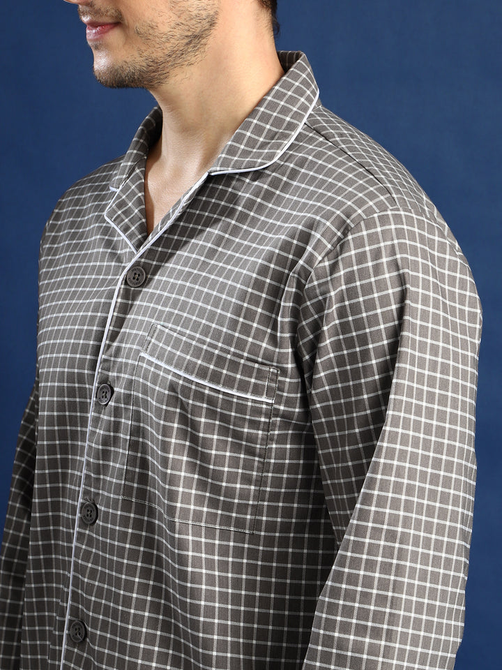 Men Grey & White Checked Cotton Relaxed Fit Night Suit