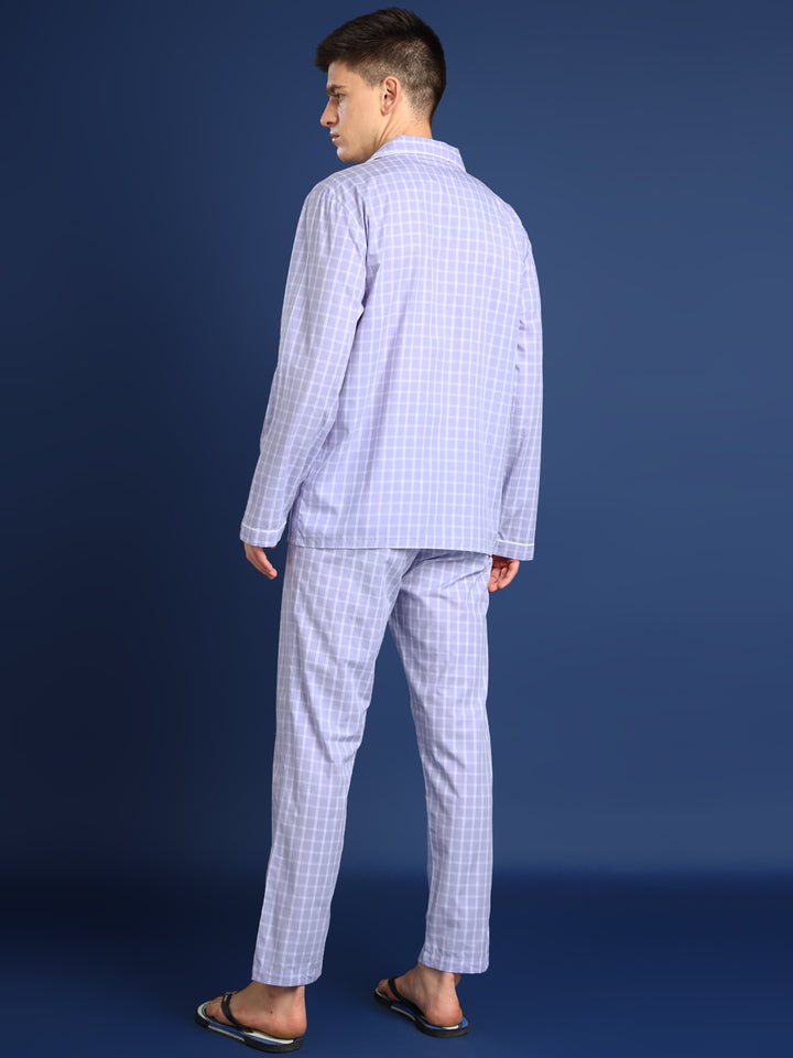 Men Lavender Checked Pure Cotton Relaxed Fit Night Suit