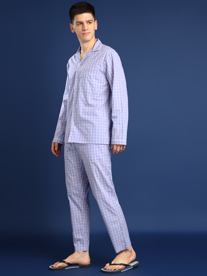 Men Lavender Checked Pure Cotton Relaxed Fit Night Suit