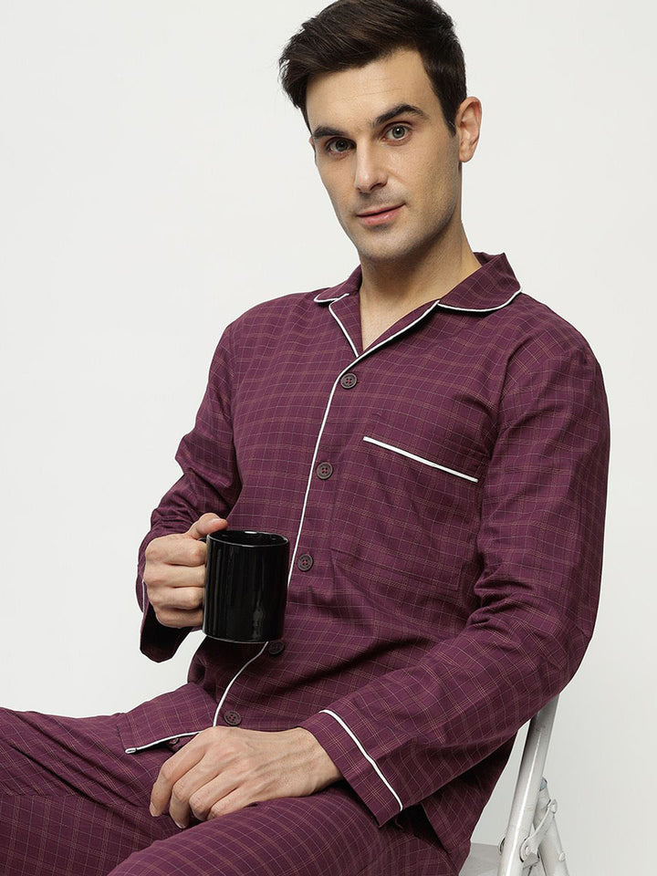 Hancock Men Burgundy Checked Pure Cotton Relaxed Fit Casual Night Suit