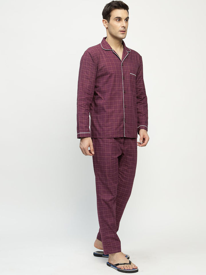 Hancock Men Burgundy Checked Pure Cotton Relaxed Fit Casual Night Suit