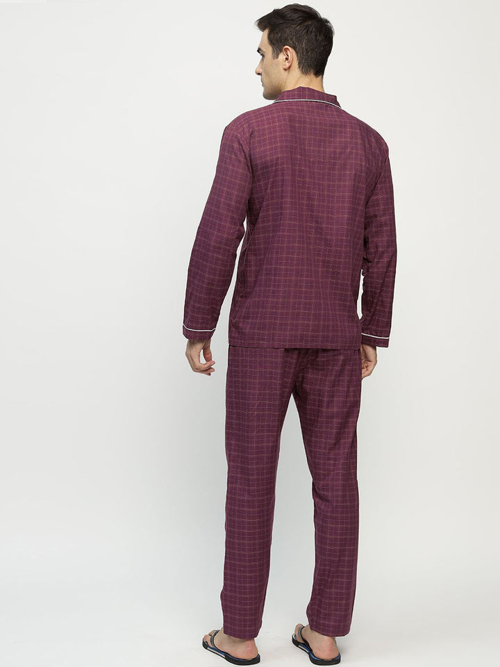 Hancock Men Burgundy Checked Pure Cotton Relaxed Fit Casual Night Suit