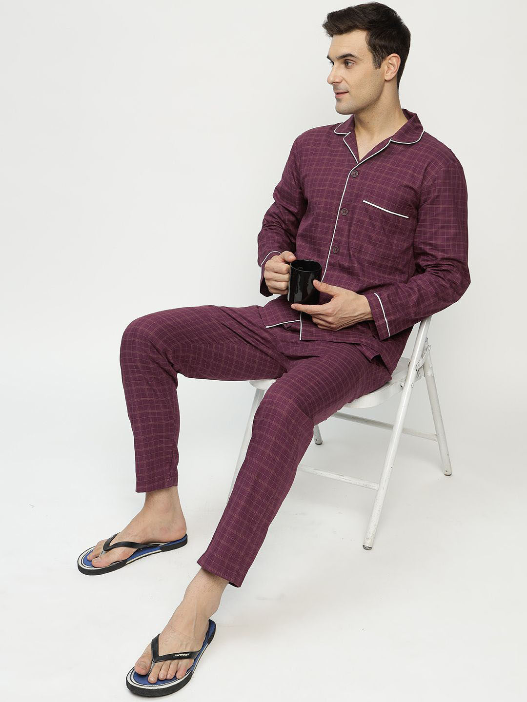 Hancock Men Burgundy Checked Pure Cotton Relaxed Fit Casual Night Suit