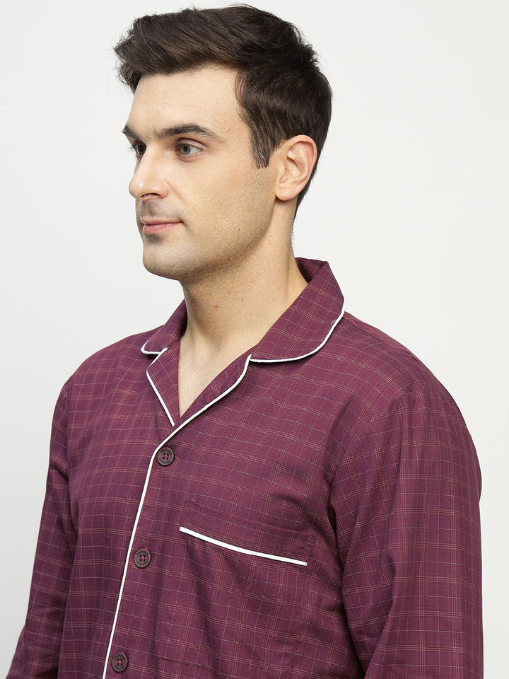 Hancock Men Burgundy Checked Pure Cotton Relaxed Fit Casual Night Suit