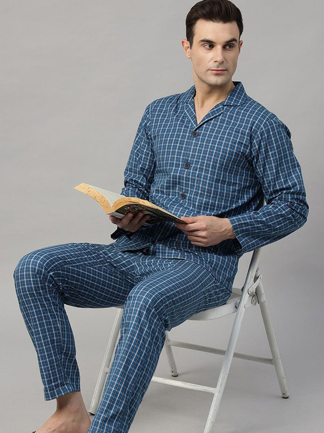 Hancock Men Blue Checked Pure Cotton Relaxed Fit Casual Night Suit