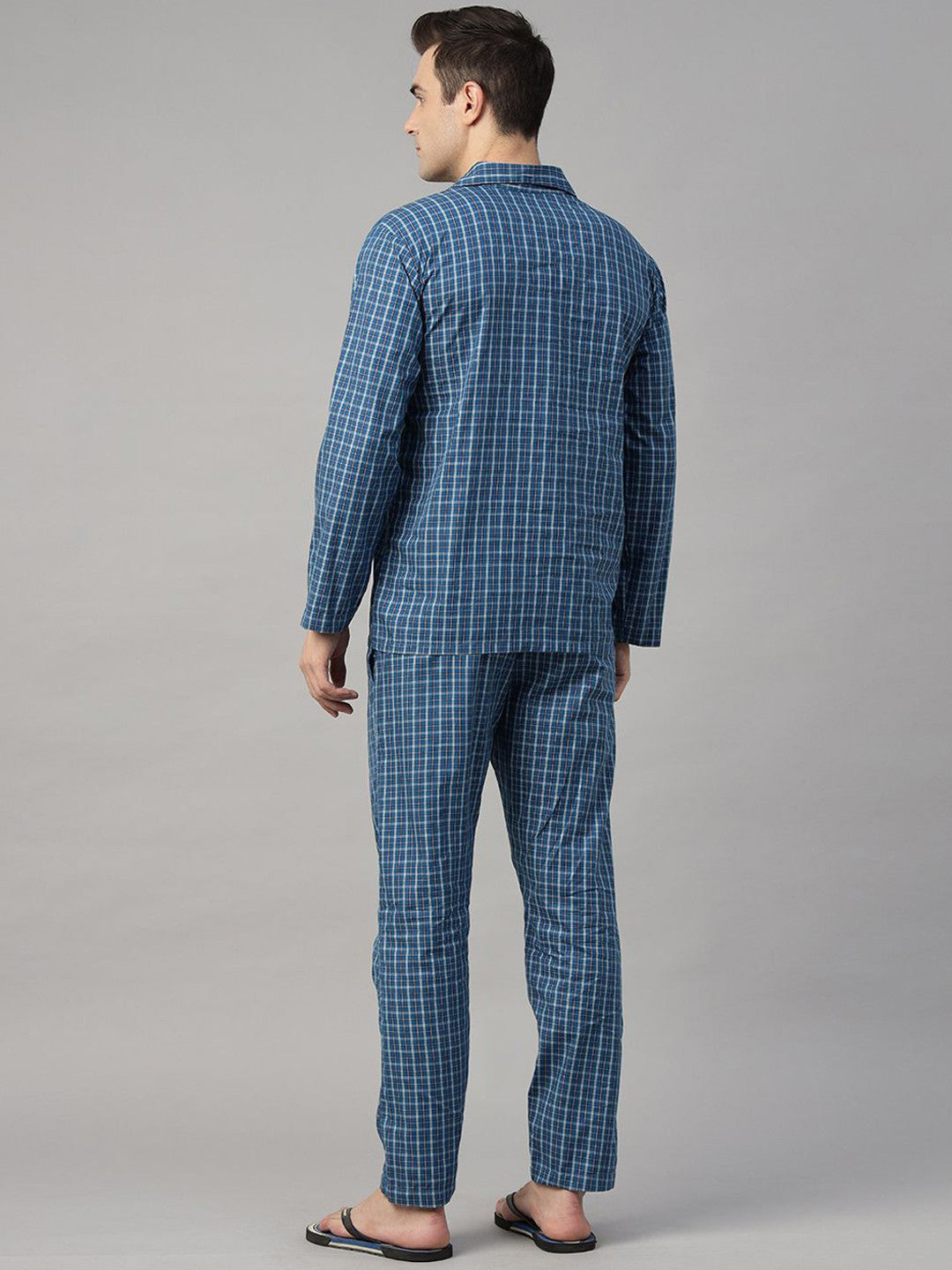 Hancock Men Blue Checked Pure Cotton Relaxed Fit Casual Night Suit