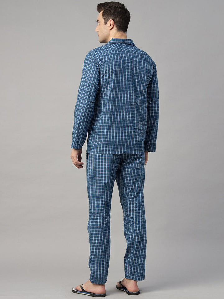 Hancock Men Blue Checked Pure Cotton Relaxed Fit Casual Night Suit