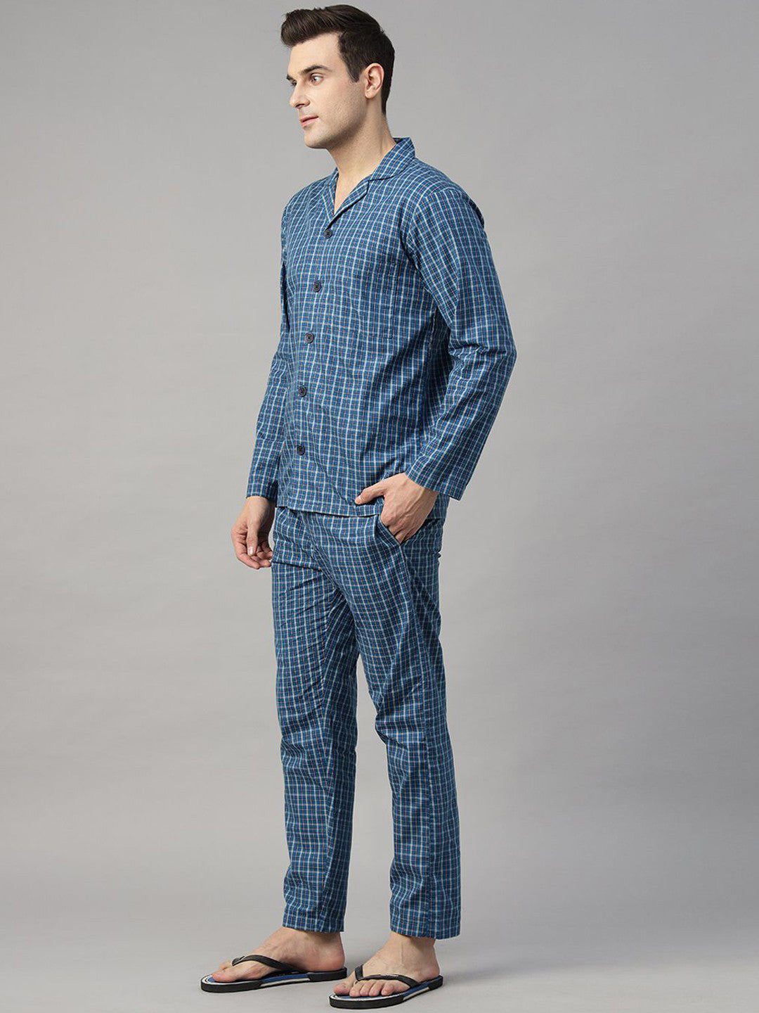 Hancock Men Blue Checked Pure Cotton Relaxed Fit Casual Night Suit
