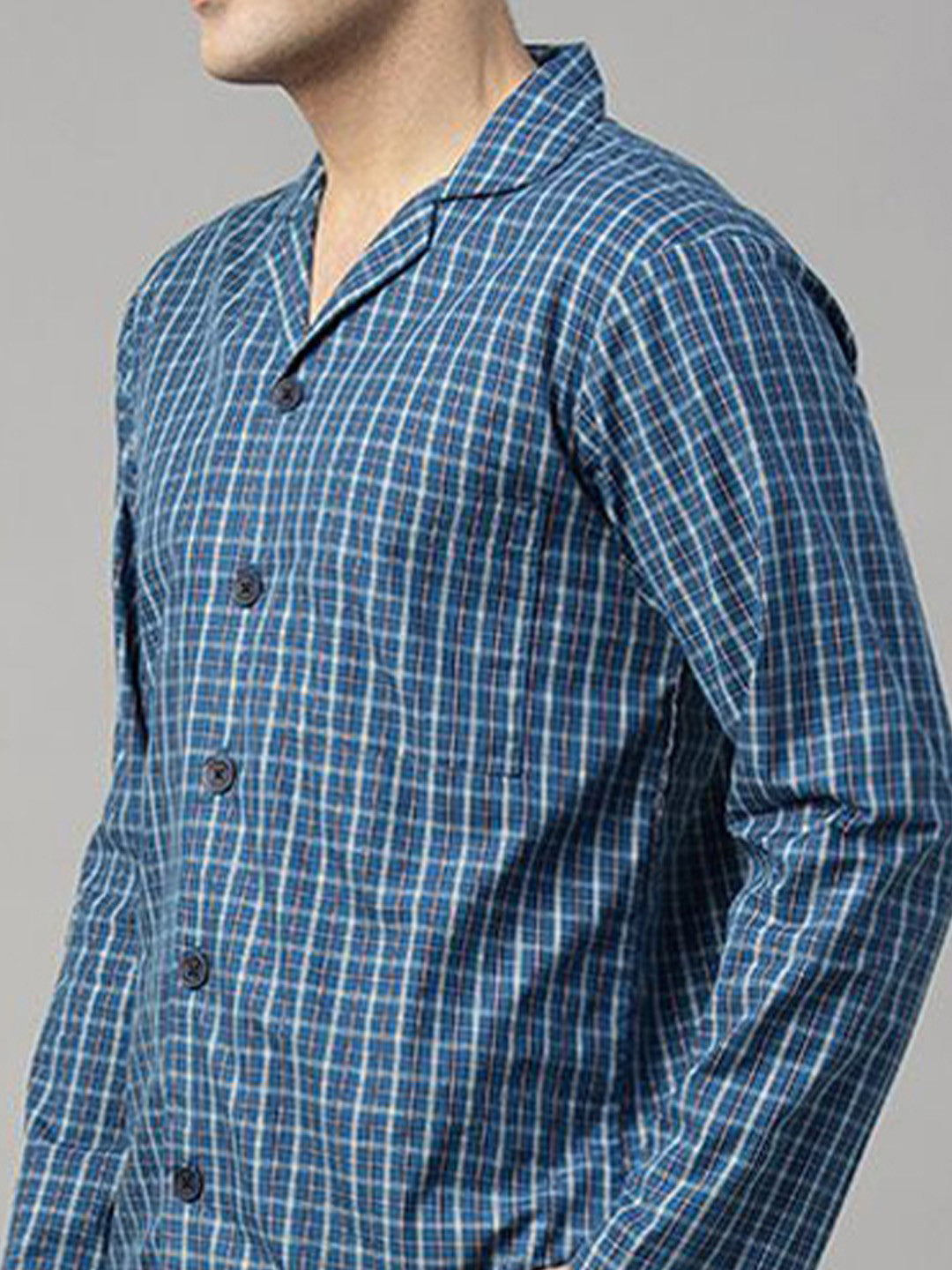 Hancock Men Blue Checked Pure Cotton Relaxed Fit Casual Night Suit