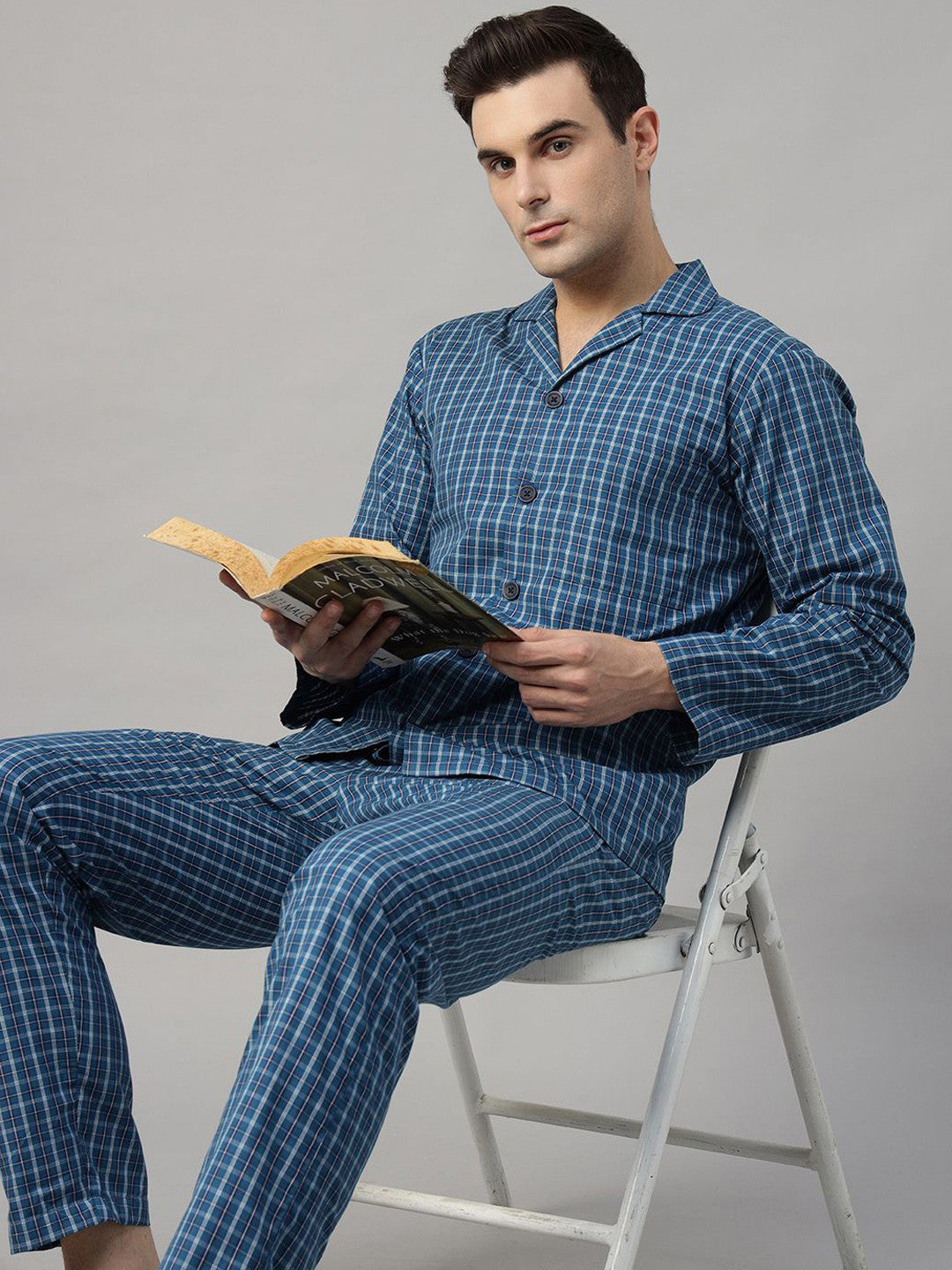 Hancock Men Blue Checked Pure Cotton Relaxed Fit Casual Night Suit