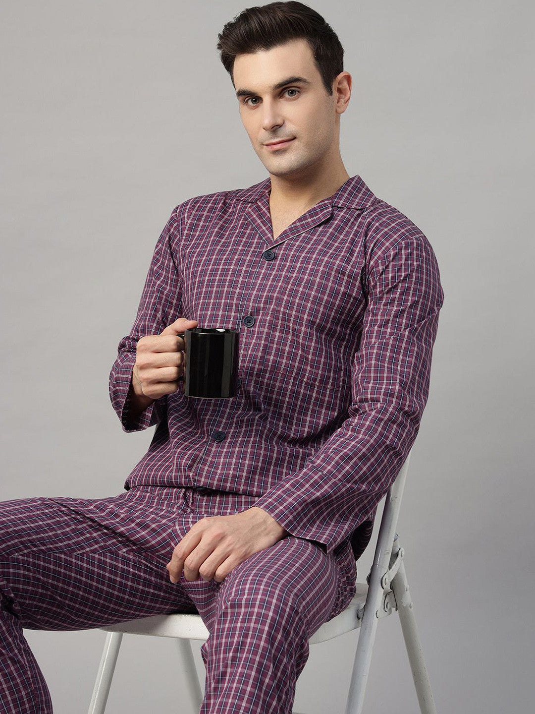 Hancock Men Purple Checked Pure Cotton Relaxed Fit Casual Night Suit