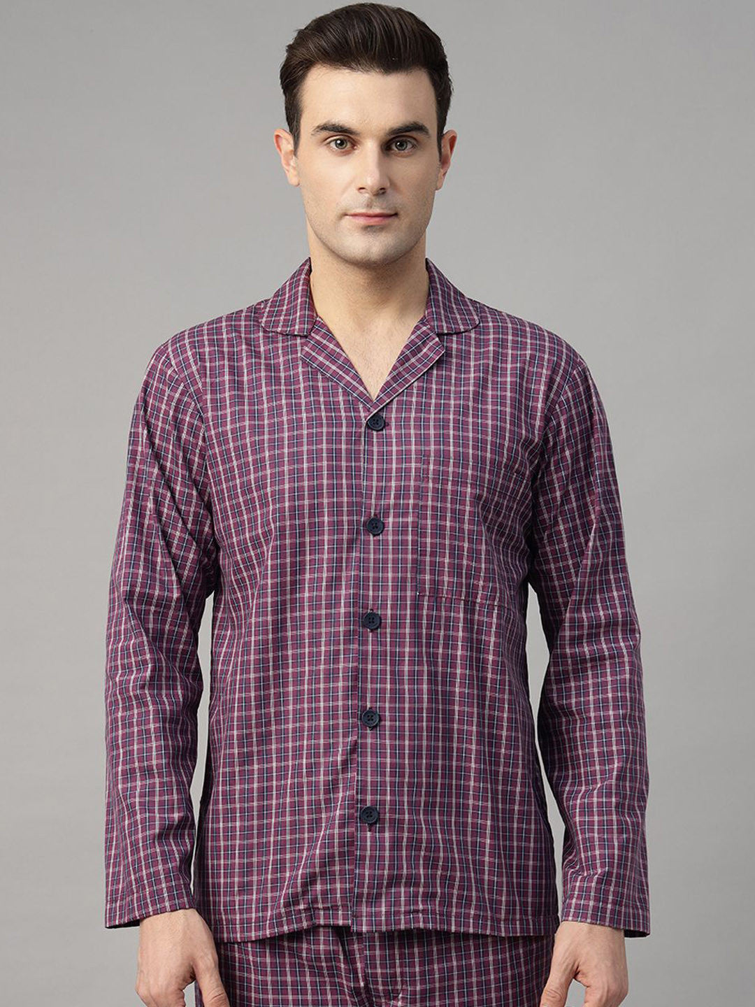 Hancock Men Purple Checked Pure Cotton Relaxed Fit Casual Night Suit