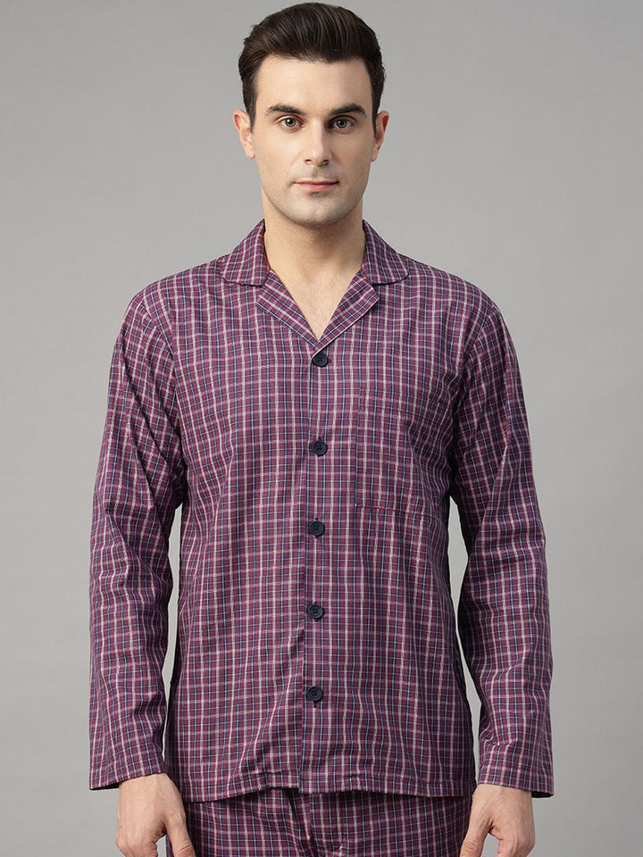 Hancock Men Purple Checked Pure Cotton Relaxed Fit Casual Night Suit
