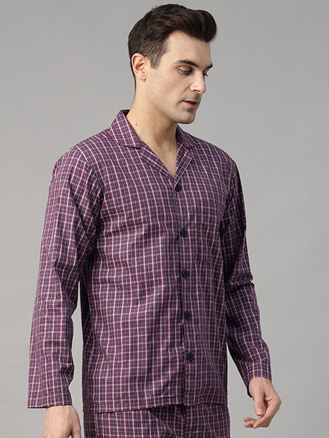 Hancock Men Purple Checked Pure Cotton Relaxed Fit Casual Night Suit